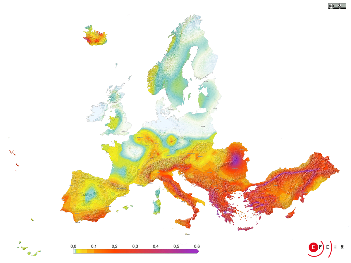 Kart som viser risiko over jordskjelv i Europa